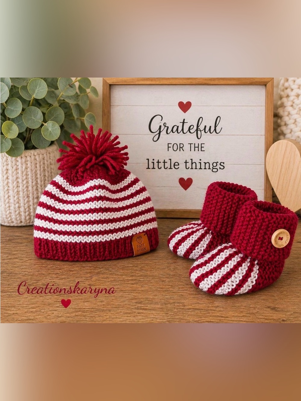 Handmade baby Red & White Striped Knit Hat and Booties Set